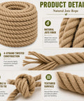 Beefy Heavy Duty 1 Inch Manila Jute Rope 50 Feet Natural Thick 4 Strand Twisted For Crafts Nautical Railing Hammock And Decor All Weather Strength 1080 Lbs Strong displayed with close-ups and features.