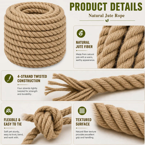 Beefy Heavy Duty 1 Inch Manila Jute Rope 50 Feet Natural Thick 4 Strand Twisted For Crafts Nautical Railing Hammock And Decor All Weather Strength 1080 Lbs Strong displayed with close-ups and features.