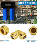 Three Quarter Inch Push To Connect 90 Degree Elbow Fittings For PEX Copper CPVC PE RT No Lead Brass in garden plumbing setup.