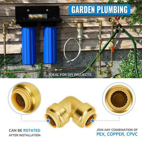 Three Quarter Inch Push To Connect 90 Degree Elbow Fittings For PEX Copper CPVC PE RT No Lead Brass in garden plumbing setup.