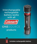 OneSource Rechargeable LED Flashlight Beaming Up To 1000 Lumens with interchangeable battery on display with logos