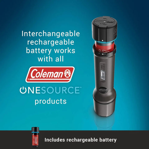 OneSource Rechargeable LED Flashlight Beaming Up To 1000 Lumens with interchangeable battery on display with logos