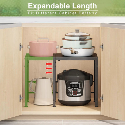 Expandable Metal Storage Shelf Organizer For Pantry Kitchen And Garage, Heavy Duty 120 Lb Shelving Units displayed with kitchen appliances inside a cabinet
