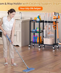 Woman cleaning floor next to 3 In 1 Cleaning Organizer Cart With Wheels And Vacuum Stand, 3 Tier Shelves, 6 Mop Hanger Grippers.