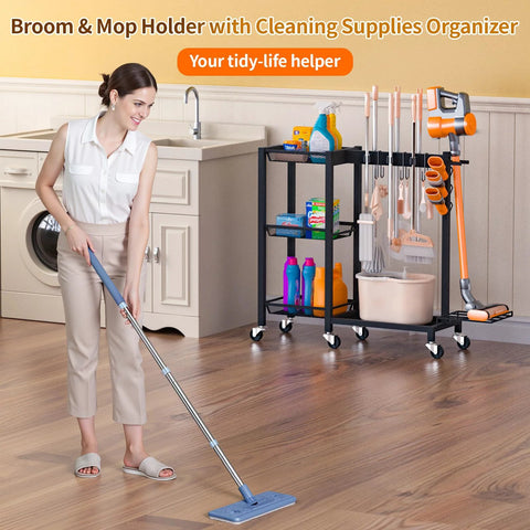Woman cleaning floor next to 3 In 1 Cleaning Organizer Cart With Wheels And Vacuum Stand, 3 Tier Shelves, 6 Mop Hanger Grippers.