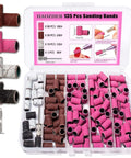 Haozher 135 Pcs Nail Drill Sanding Bands set in pink, brown, silver, and black with mandrel in a clear case.