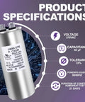 Run Capacitor 60 Plus 5 MFD 370VAC with specs, voltage 370VAC, 60µF, tolerance ±5%, OEM 14995761 for RV air conditioners