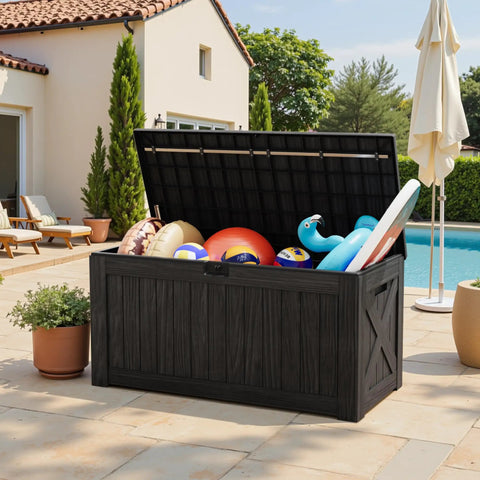 120 Gallon Outdoor Storage Box With Lid, Lockable, Waterproof And UV Resistant, Resin Deck Box holding pool supplies
