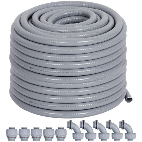 Half Inch Liquid Tight PVC Conduit Kit With 100 Feet, Ten Connectors, Five Straight And Five Ninety Degree Fittings, Grey, UL Certified