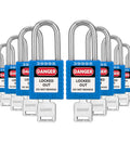 Lockout Tagout Locks Set With 10 Blue Padlocks Keyed Alike One Key Per Lock OSHA Compliant No Brainer Safety Locks Kit displayed.