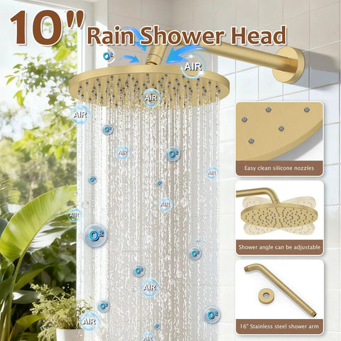 Iriber Brushed Gold Shower System Faucet Set, Filtered Handheld shower, 10 inch rain shower head with adjustable angle.