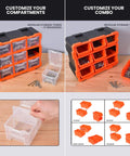 Modular Garage Storage Tower With 9 Removable Bins, Wall Mount Organizer, Black And Orange Polypropylene Cabinet, 12.5x6.6x14.9 inches