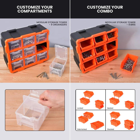 Modular Garage Storage Tower With 9 Removable Bins, Wall Mount Organizer, Black And Orange Polypropylene Cabinet, 12.5x6.6x14.9 inches
