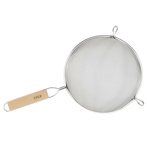 Fine Mesh Strainer 8 Inch Diameter With Deep Bowl In Stainless Steel Tan And Silver Handle Hanging Loop And Sturdy Wire Grip