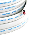 Close-up of 50 Ft Duplex Marine Wire 14 AWG Tinned Oxygen Free Copper Cable with visible dual conductors and white PVC jacket