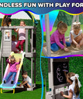 Children playing on Cedar Wood Swing Set With Nighttime LED Swings And Slide, 2 Person LED Saucer Swing, play fort, and sandbox.