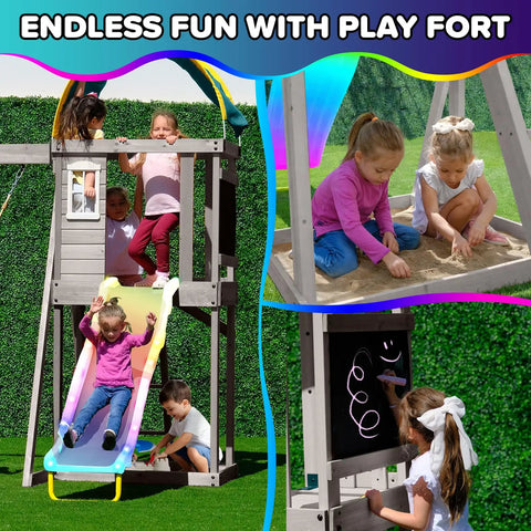 Children playing on Cedar Wood Swing Set With Nighttime LED Swings And Slide, 2 Person LED Saucer Swing, play fort, and sandbox.