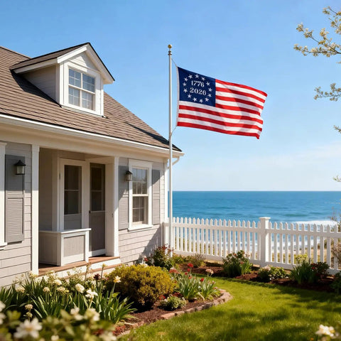 Single Sided Embroidered Betsy Ross 1776 Flag 3x5 Ft Outdoor US 13 Colonies Banner on house by ocean