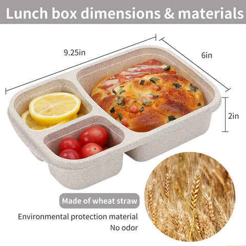 4 Pack Bento Lunch Box Set With Three Compartment Meal Prep Containers, displayed with food and wheat straw material inset