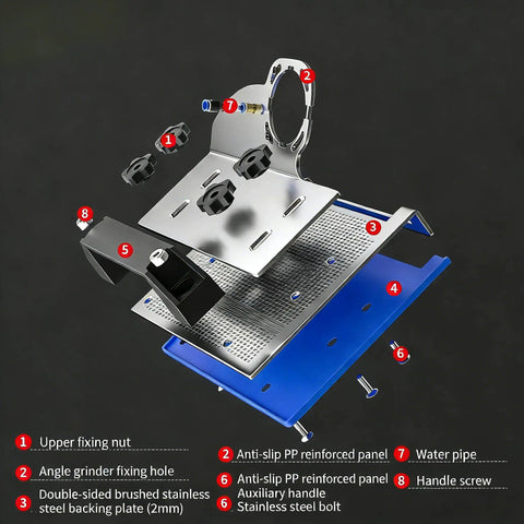Exploded view of 45 Degree Tile Chamfering Tool With Stand For Angle Grinders Universal 100 Type Chamfer Kit, showing components.