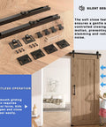 2 Piece Barn Door Soft Close Mechanism Set With Upgraded Universal Weight Compatibility Supports Doors Up To 160 Lbs For Effortless Opening And Smooth Quiet Closing Hole Free Sliding Door Hardware Spring Buffer Damper shown with components and installed on a wooden barn door.