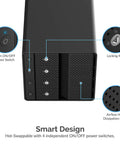 Heavy Duty Four Bay USB C Docking Station For External Hard Drive Enclosure and SSD HDD Expansion with detailed power controls and airflow.