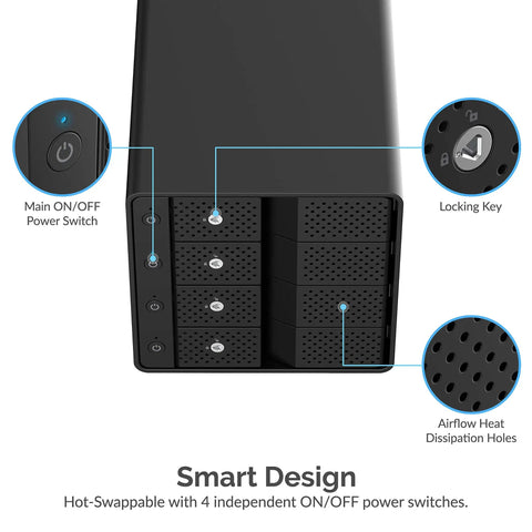 Heavy Duty Four Bay USB C Docking Station For External Hard Drive Enclosure and SSD HDD Expansion with detailed power controls and airflow.