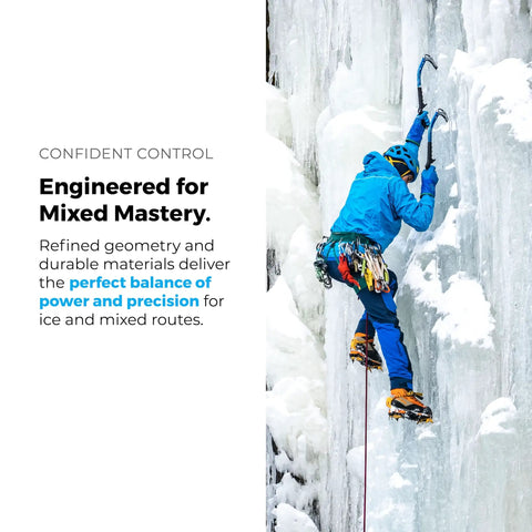 Climber uses Raptor Ice Tool For Technical Ice Climbing And Mountaineering With Dope Modular Picks on ice wall.