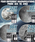 High Powered 90mm Refractor Telescope With 800mm Focal Length On Simple AZ Mount showcasing magnifications from 32X to 240X