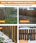 Heavy Duty Fence Post Repair Kit With Five Repair Stakes for 4x4 and 6x6 wooden posts shown in various weather conditions.