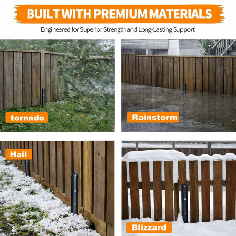 Heavy Duty Fence Post Repair Kit With Five Repair Stakes for 4x4 and 6x6 wooden posts shown in various weather conditions.