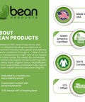 Bean Products company information and certifications including Made in USA, Green America Certified, GOTS Certified, and carbon offset.