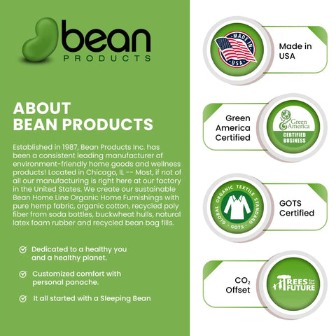 Bean Products company information and certifications including Made in USA, Green America Certified, GOTS Certified, and carbon offset.