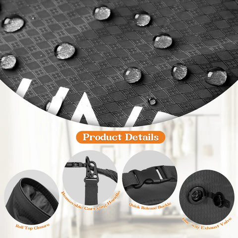 Close-up of waterproof Travel Laundry Organizer Bag showing details like roll top closure and quick release buckle.