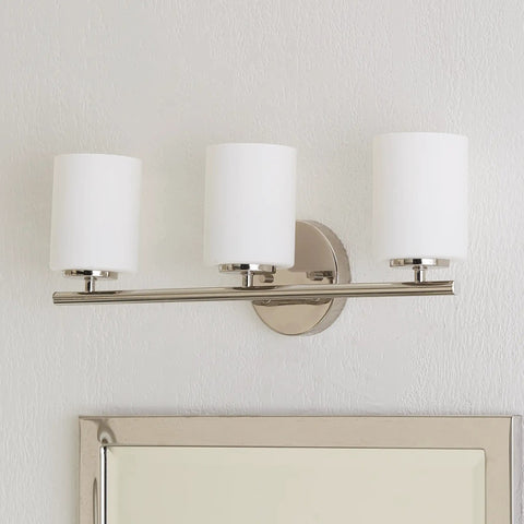 Three Light Etched Glass Modern Bath Vanity Light in Polished Nickel Finish, Replay Collection, mounted above mirror