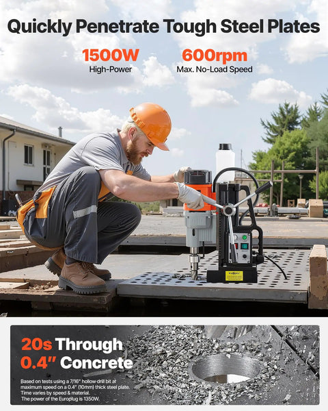 Beast Magnetic Drill Press For Metalwork With 1550W Power, 2.4 Inch Coring Diameter used by worker on steel plate