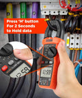 Digital Clamp Meter Multimeter 6000 Counts with Auto Ranging True RMS for AC and DC current and voltage in use on wires