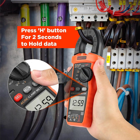 Digital Clamp Meter Multimeter 6000 Counts with Auto Ranging True RMS for AC and DC current and voltage in use on wires