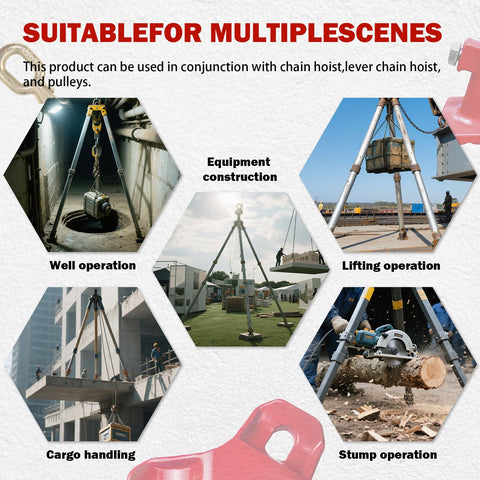 Beefy 2200 Lbs Capacity Tripod Head and Base Set With 360 Degree Rotation Ring for various industrial operations collage.
