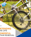 Bike Chain Cleaning Kit With Biodegradable Degreaser and spray cleaning process shown on a bicycle wheel