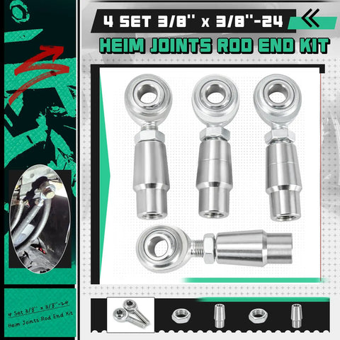 Badass 3/8 Inch 24 Thread Chromoly Heim Joint Rod End Kit showing four alloy steel rod ends with joint specs.