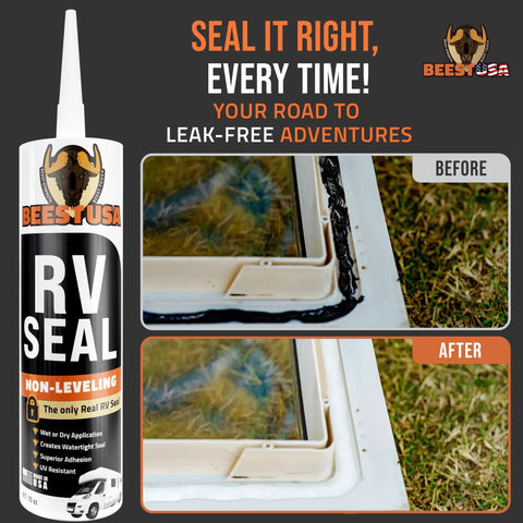 Heavy Duty Non Leveling RV Roof Lap Sealant Waterproof Caulk That Stays Put And Shuts Out Moisture on RV window before and after.