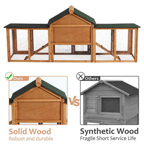 Comparison of spacious wooden chicken coop and rabbit hutch with dual-level runs, waterproof asphalt roof vs synthetic wood coop