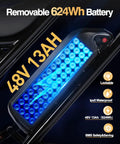 Close-up of Electric Fat Tire E-Bike For Adults And Teens With 1500W Peak Motor, removable 624Wh battery shown