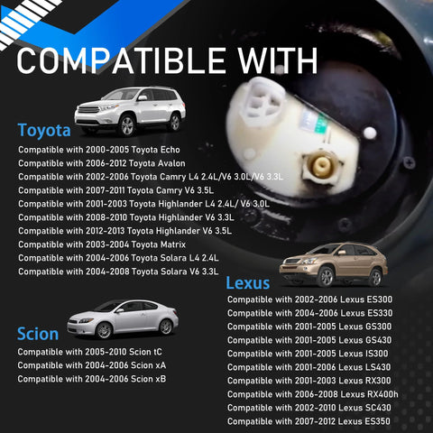 Tank Fuel Pump Filter Replacement For Toyota Camry Echo Highlander Matrix Solara RX300 RX400H ES300 ES330 ES350 text compatibility list image