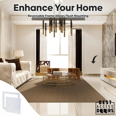 Slick 14X14 Flush Mount Abs Access Panel With Uv Stabilized Drywall Cover And Rock Solid Snap Friction Latch For No Sweat Plumbing Wiring Cable Access Or Weekend Fixes in modern living room.