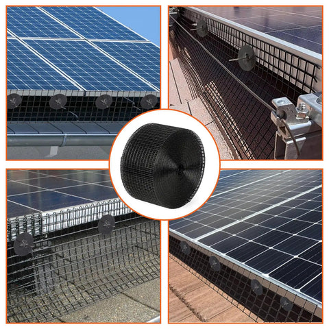 Heavy Duty PVC Coated Solar Panel Bird And Critter Shield Net With 6In X 120Ft Mesh, installed on solar panels to prevent pests.