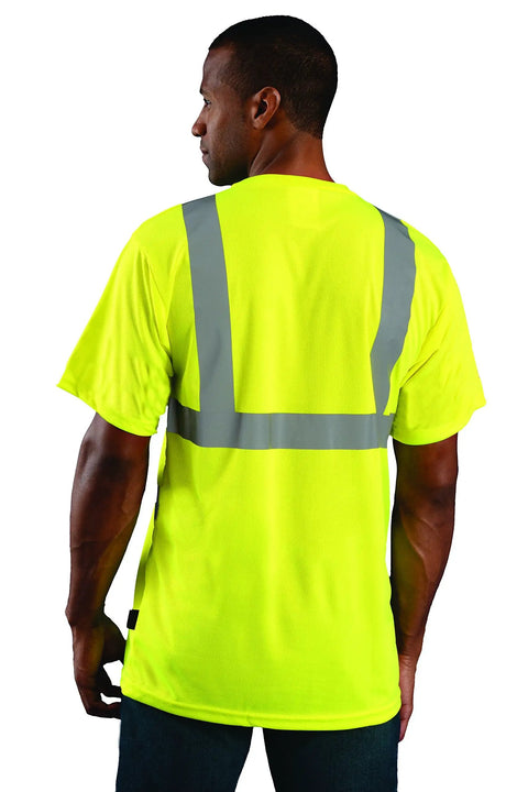 Back view of Hi Vis Wicking Birdseye Short Sleeve T Shirt Class 2 ANSI 100 Percent Polyester With 2 Inch Silver Reflective Tape Yellow 2X-Large