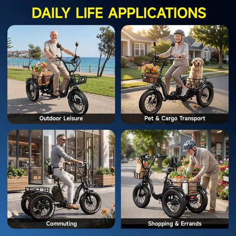 Beast Fat Tire Electric Tricycle For Adults With Three Wheel Ebike, 750W Hub Motor Peak 1350W, 52V 25Ah Removable Battery, 50 Mile Range, 7 Speed, 4 Piston Hydraulic Brakes, Cargo Rack, Black Build used for daily leisure, pet cargo, commuting, errands