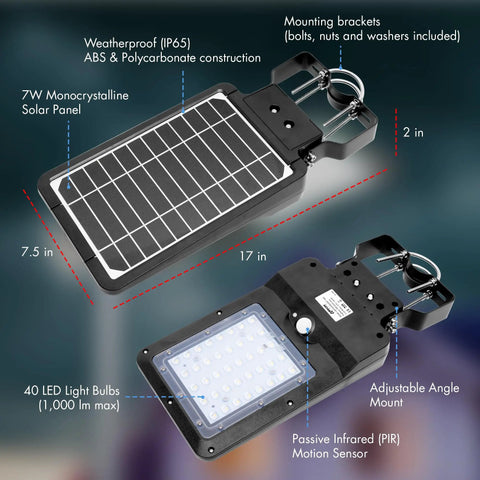 Back view of Solar Security Flood Light with Motion Sensor and Dusk to Dawn, 40 LED, 1000 Lumen, showing solar panel and mounts.